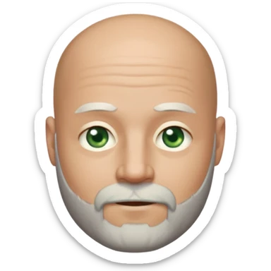 a man with light skin, a bald head, and a well-maintained beard that is darker at the top and greying towards the chin. He has striking light green eyes and a subtle, closed-mouth smile. The lighting highlights his face, and the background is softly blurred, suggesting an indoor setting. sticker