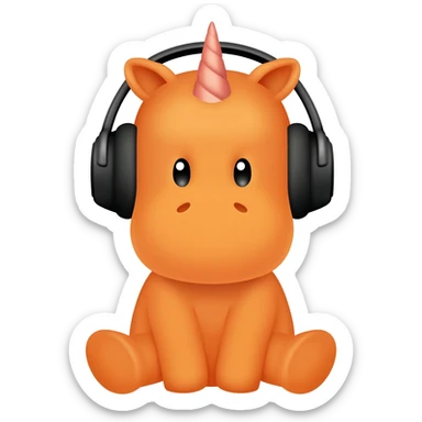 Unicornio bebé naranja sentado escuchando música con auriculares negros sticker