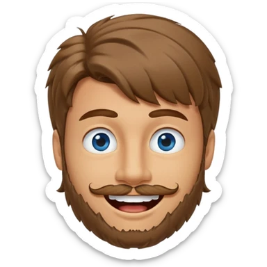 25 year old man, short scruffy beard and sparse moustache, brown puffy mullet, blue eyes, big smile, white teeth, big lips, pronounced jaw, hair longer in back, sticking up on top sticker