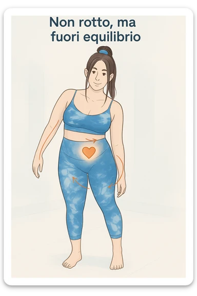 a woman stands in a relaxed pose, with a gentle, confident expression. Her body is shown with subtle, curved lines or arrows indicating areas of imbalance (such as a slight tilt in the shoulders or hips), but no signs of injury or damage. A soft glow or heart symbol at her core emphasizes resilience and the message “Non rotto, ma fuori equilibrio” The background is clean and clinical, with light blue tones. sticker