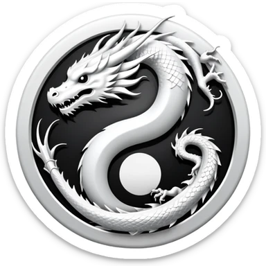 An icon symbolizing Eastern martial arts in the style of an emblem, featuring a black-and-white Yin-Yang symbol and a dragon at the center, surrounded by elements like a dojo. Transparent background highlights balance and power. sticker