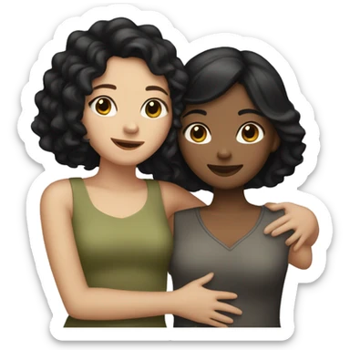 two girl best friends hugging black hair one olive skin, other pale skin sticker
