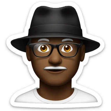 mid age man in white t-short, black hat with white dot on it, in black-framed glasses, on a black background  sticker