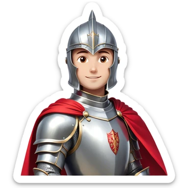 Create a side-view RPG character asset in a clean. The character is a brave knight with exaggerated, rounded features and minimal linework. They wear polished armor in silver tones, with a bright red cape flowing behind them. The face should have large, expressive eyes and a friendly smile that’s clearly visible even from the side view. Keep proportions simple and cartoony. The stance is slightly turned to emphasize the character’s side profile (facing right), with one hand on the hip and the other resting on a sheathed sword at the waist. The colors should be vibrant and easy to read, with smooth shading reminiscent of typical emoji designs. Include two variations: one idle pose and one simple walking pose, each capturing the playful, streamlined look of emoji-like characters. sticker