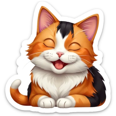 Cinematic Cute Yawning Calico Cat Portrait Emoji, Head tilted mid-yawn with a charming, relaxed expression, showcasing a soft patchwork fur of vibrant orange, black, and white, simplified yet irresistibly adorable, highly detailed, glowing with a cozy, gentle radiance, high shine, exuding sleepy yet endearing charm, styled with a soft glowing outline, capturing the essence of a calico cat caught in a delightful yawn that seems ready to cuddle up for a nap! sticker