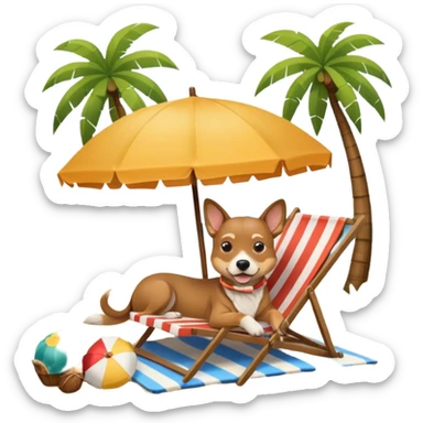 a dog laied on a beach chair, a sunny beach, a sun umbrella, and beach coconut trees. the icon should capture the essence of a relaxing beach vacation with a carefree atmosphere sticker