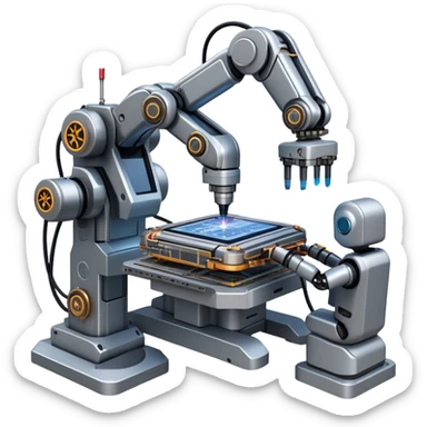 An icon featuring a giant robotic machine welding a large microchip with a laser, using two robotic arms. The design includes circuit boards, gears, and technical schematics, symbolizing advanced engineering and automation. Transparent background highlights the fusion of technology sticker