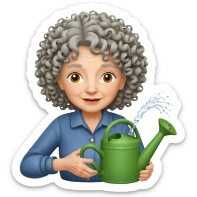 Older female florist – curly hair, hold garden watering pot sticker