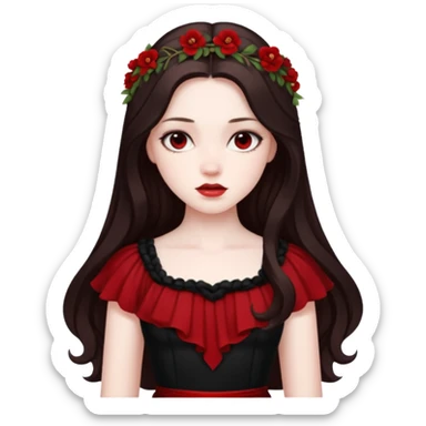Persephone, Death Goddess from Rome Mythology with long dark brown hair, black and red outfit sticker