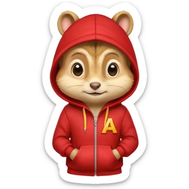 Portrait of a cartoon chipmunk with light brown and beige fur, wearing a red hoodie with a yellow 'A' on it, big round eyes, small nose, and a mischievous grin, front-facing, stylized in animated movie style sticker