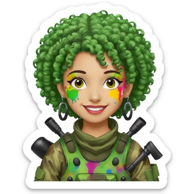 green curly haired painitball player with big earrings guy shot with lots of colors sticker