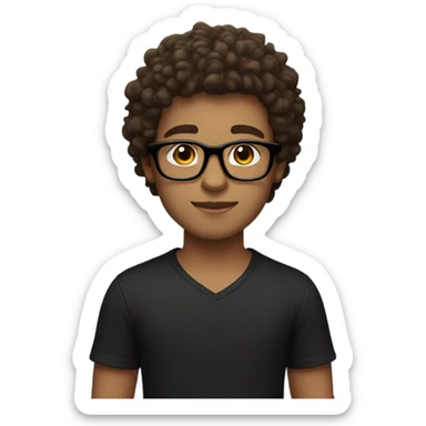 A boy with brown curly hair and black glasses with brown eyes and a black shirt with white skin sticker