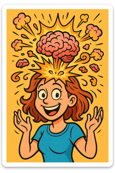 a cartoonish woman with her brain exploding in a comic, exaggerated way, playful, not scary sticker
