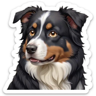 Cinematic Grumpy Black Tri Australian Shepherd Portrait Emoji, Head tilted slightly with a deeply unimpressed expression, thick black fur with bold white and tan markings, large, droopy dark eyes narrowed into an unamused glare, ears drooping in exasperation, Simplified yet comically expressive features, highly detailed, glowing with a dry, sarcastic glow, high shine, effortlessly judgmental yet dignified, stylized with a touch of cynicism, bright but brooding, soft glowing outline, capturing the essence of an eternally unimpressed yet endearing pup, so lifelike it feels like it could sigh heavily at you in disdain at any moment! sticker