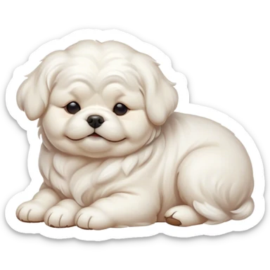 Cinematic Meme-Worthy Chubby Sleeping Wavy-Haired Maltese Dog Portrait Emoji, Head resting peacefully with a contented smile, featuring a delightfully chubby build and a luxuriously soft, wavy-haired white coat, eyes shut in a serene nap, Simplified yet hilariously adorable features, highly detailed, glowing with a soft, drowsy light, high shine, relaxed and utterly lovable, stylized with an air of playful laziness, bright and endearing, soft glowing outline, capturing the essence of a comically sleepy companion, so meme-worthy it feels like it could instantly become the next viral sensation of adorable slumber! sticker