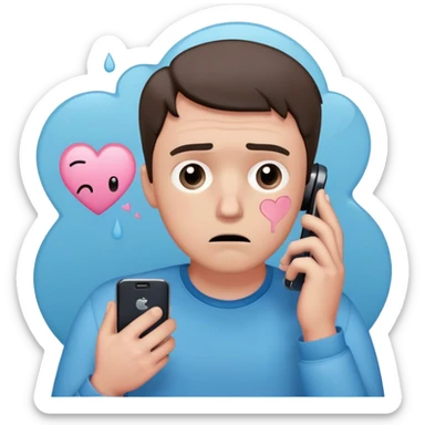 anxious man with wide worried eyes and slightly frowning mouth overthinking with sweat drops, a cracked heart symbol nearby, holding a phone in hand, body posture tense and reaching forward showing fear of abandonment, minimal soft rounded design with gentle blue and pink colors sticker
