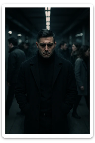 A cinematic shot of a man in his early 30s standing still in the middle of a crowded urban environment — perhaps a subway platform or office hallway — surrounded by blurred, cold-looking people facing away from him or speaking among themselves, ignoring him completely. The man has a heavy, emotionally drained expression, shoulders slightly slouched, hands in his coat pockets. He stands out in sharp focus while the others are dimly lit, grey-toned, and in motion blur. The lighting is harsh and cool, with strong shadows and low saturation to emphasize emotional isolation. A subtle dark aura or mist lingers around the man’s body, visually conveying the weight of negativity and emotional pressure. Shot in 35mm cinematic style, high realism, with a desaturated color palette and shallow depth of field sticker