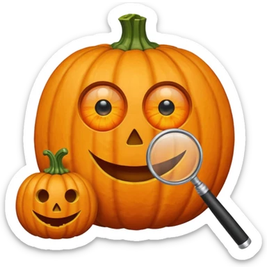 A pumpkin smiling at a magnifying glass (the magnifying glass has limbs and a suit thats black, the magnifying glass also has a eye, looks like a cyclops eye, one eye in the middle) sticker
