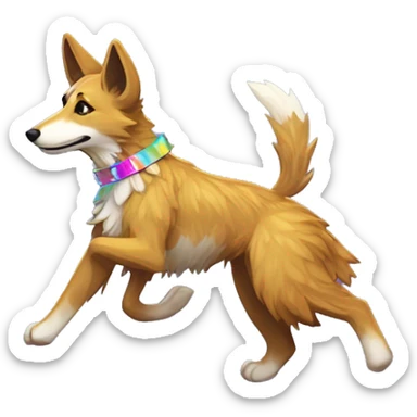  brindle fluffy lurcher Alsatian fox running blue eyes fluffy ears and iridescent holographic oilslick harness wearing paper iridescent tropical flower crown yellow caution tape neon sign sticker