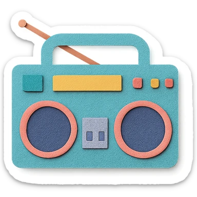 modern boombox with simple shapes and playful colors, paper-craft style sticker