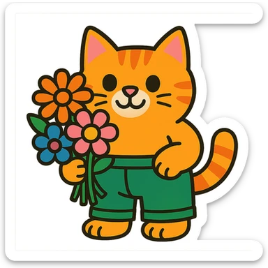 a chubby kitten in pants with a bouquet of flowers sticker
