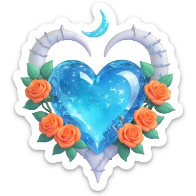 gothic heart made of icy blue glass, silver crescent moon, frosted white roses, holographic stardust, neon cyan lightning, drenched and splintered glass sticker
