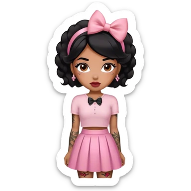 coquette, tattoos, brown sunkissed skin with black hair, lipgloss, blush, pink skirt, bow in hair sticker