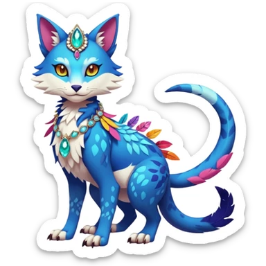 Kawaii cute colorful exotic tropical beautiful pretty elegant divine edgy feline-vernid-sergal-Fakémon-Pokémon-fursona-animal-creature with accessories, jewelries, full body, with intricate detailed markings, feathers, crystals sticker