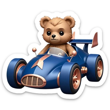 Real-proportional dark blue and rosegold-accented  retro racing car driven by furry-faced small evil alien scary teddy bear with rear spoiler (Star Wars style) sticker