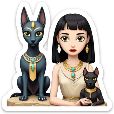 Witchy-mannered real Audrey Hepburn cleopatra Protecting silky black-haired tiny chained-slave-adorned statuette scale feral evil-eyed Anubis dessert scenery stone-age cracked irregular dwelling  sticker