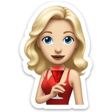 Beautiful blonde white woman with blue eyes and red dress dancing with martini sticker