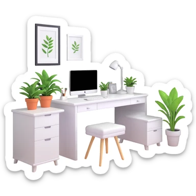 bright clean teenage room with white furniture, white vanity, white desk, white bed, and potted plants sticker