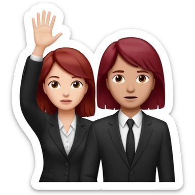 now make the girl u created in bussines outfit waveing with dark red hair and the man u created facepalm sticker