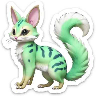  hyper-realistic neon-green-gradients black-pointed natural realistic divine beautiful elegant pretty precious cute young youthful  Fakémon-Pokémon-alien-opossum-squirrel-feline-serval-caracal-chinchilla-Minccino-Cinccino-Meowstic-rodent-hybrid-creature with a big fluffy bushy tail (full body) sticker