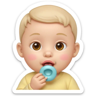 Apple-style 3D emoji of a cute baby sucking on a pacifier or drinking from a baby bottle, round face, soft pastel colors, cheerful and gentle expression, clean white background sticker