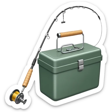 A fishing rod with reel and line neatly coiled beside a bait box. sticker