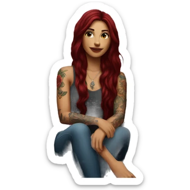 Beautiful tattooed burgundy long haired woman sitting on couch sticker