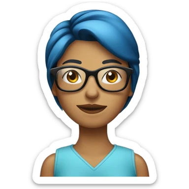 mujer con saco azul, camisa celeste,con lentes, cabello negro recogido en una cola. sticker