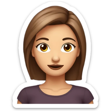 Cara de chica con pelo marrón largo hasta la cintura no muy morena con ojos marrones labios carnes camiseta morada sticker