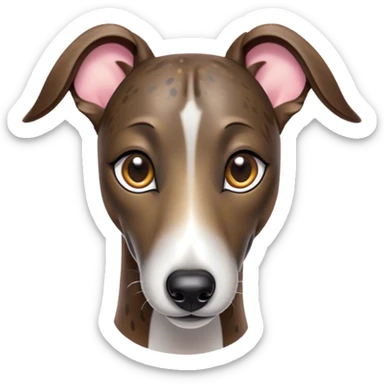 Cinematic Cute Brindle Greyhound Portrait Emoji, Head tilted playfully and inquisitively, featuring a sleek brindle Fur with subtle variations and round, sparkling eyes filled with curiosity, Simplified yet irresistibly adorable features, highly detailed, glowing with a warm, friendly glow, high shine, affectionate and nimble, stylized with a touch of whimsy, bright and endearing, soft glowing outline, capturing the essence of a mischievous yet loving companion, so playful it feels like it could sprint out of the screen and into your arms! sticker