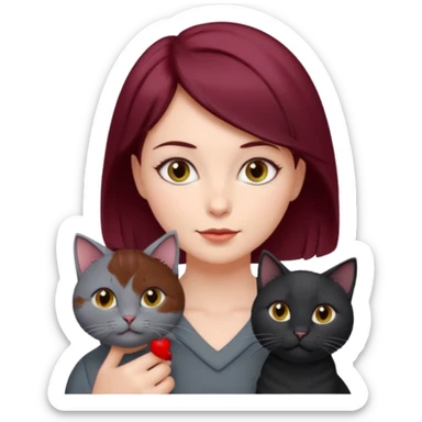 femme au cheveux court bordeau, yeux gris,  avec chat poils longs gris et chat poils ras noirs sticker