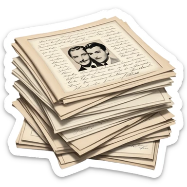 Icon for Autograph Collecting: several vintage framed with signatures of famous celebrities sheets stacked one on top of the other, each . The icon should evoke the charm and history of collecting autographs. Transparent background. sticker