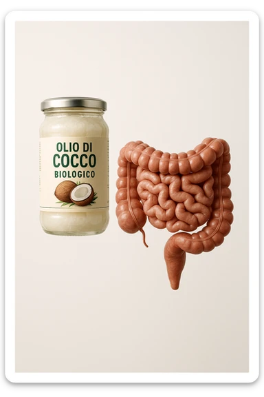 BOCCETTA DI OLIO DI COCCO BIOLOGICO (FAI UN ETICHETTA SUL PRODOTTO IN ITALIANO) CHE FLUTTUA IN ARIA INSIEME A UN INTESTINO UMANO ANATOMICO IN PERFETTA SALUTE, SFONDO CHIARO, iperrealistico 4k sticker