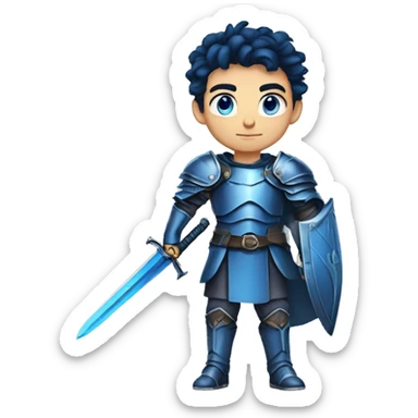 a 5'8" 13 years old lebanese, teenage boy with slightly dark blue hair. He wields a dark blue sword, and wears a blue armor. He has blue eyes. He is very serious  sticker
