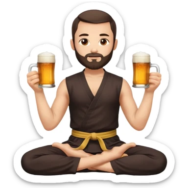 slavic guy with dark brown hair and beard, sitting in yoga pose on a mat, kung fu clothes, short dark hair, holding beer mugs in two hands, sitting sticker