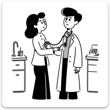 Detailed drawing of physician using stethoscope on patient's chest during cancer screening assessment sticker