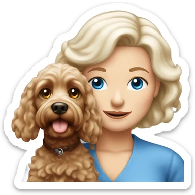 blue eyed old blonde lady with brown Cockapoo puppy dog sticker