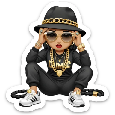 female cat wearing Run DMC hip-hop outfit with tracksuit, fedora, Adidas sneakers, dark sunglasses, many gold chains, rings, bracelets, flashy earrings, lying on the ground in distress, crying sticker