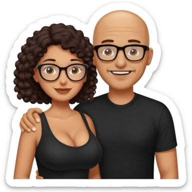 A picture of a happy tanned couple. the man is a Mexican man with tanned skin, a bald hair cut, short beard and wearing a black shirt. the woman is wearing glasses, with long curly dark brown hair and with big boobs  sticker
