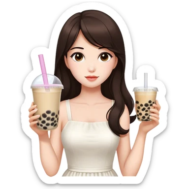 Beautiful woman in 1965’s woman fashion look, white dress, long dark brown hair, bubble tea sticker